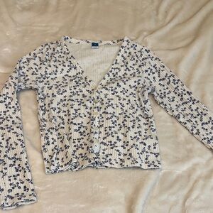 White Ribbed Button-Front Cardigan with Navy Floral Print